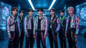 Cyberpunk-henkinen Kpop-poikabändi futuristisessa ympäristössä. — Kpop GIF Taustakuvat