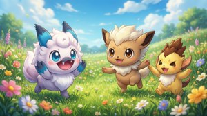 Söpö taustakuva Galar-alueen Pokémoneista leikkimässä.