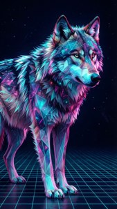 Matalapolygoninen galaksisusi neon geometrisilla kuvioilla seisoo synthwave-ruudukolla. — iPhone 6 Taustakuvat
