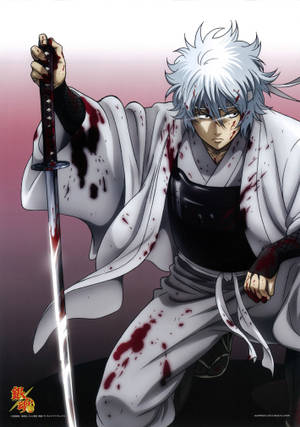 Gintama verinen Gintoki puoliksi polvillaan lattialla taustakuva — OnePlus Pad 3 Pro Taustakuvat