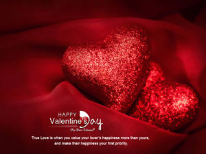 Two glittery hearts beside each other on soft red fabric with text saying "Happy Valentine's Day" below them. — 4:3 Taustakuvat