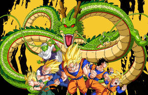 Dragon Ball Z San Goku ja muita hahmoja super saiyan -tilassa Shenronin, vihreän lohikäärmeen, kanssa.