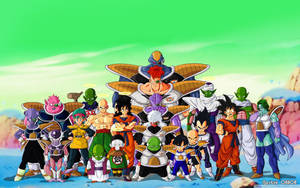 Dragon Ball Z -hahmot planeetta Namekilla San Gokun, Pikkolon ja muiden androidien kanssa.
