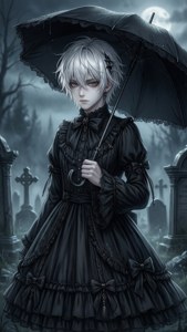 Anime goottilolita-poika hautausmaalla sumussa. — Anime estetiikka GIF Taustakuvat