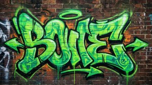 Neonvihreät graffitikirjaimet ruiskutettuna tiiliseinälle, katutaiteen estetiikka. — Neonvihreä Taustakuvat
