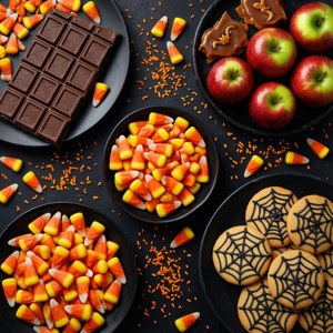 Värikäs asettelukuva Halloween-karkeista ja kekseistä mustalla pohjalla