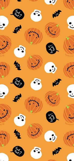Halloween-kurpitsoja ja pääkalloja oranssilla taustalla — 1170x2532 Taustakuvat