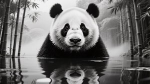 Kaksoisvalotettu panda metsän heijastuksella, surrealistinen mustavalkoinen taustakuva. — Panda Taustakuvat