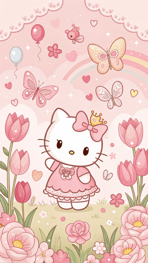 Sanrio, unenomainen, mielikuvituksellinen, pinkki, kawaii, söpö, sateenkaari, ilmapallot, Hello Kitty
