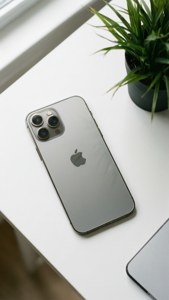 Tasokuva hopeisesta iPhone 12 Pro Maxista ja kasvista.