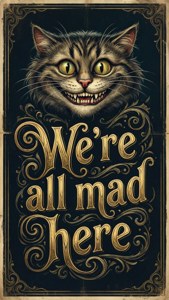 Typografinen taustakuva, jossa on Cheshire-kissa ja lainaus 'Olemme kaikki täällä hulluja'. — Cheshire Cat Taustakuvat