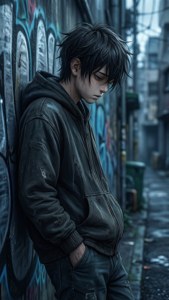 Surullinen animepoika kujalla nojaamassa seinään. — Surullinen anime GIF Taustakuvat