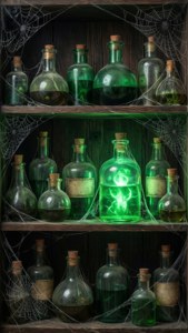 Vanhat taikajuomapullot vihreässä hehkussa pimeään Slytherin-henkiseen taustakuvaan.