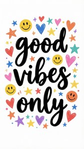 Positiivinen taustakuva, jossa lukee 'good vibes only' ja leikkisiä doodleita. — Esteettiset sanat Taustakuvat
