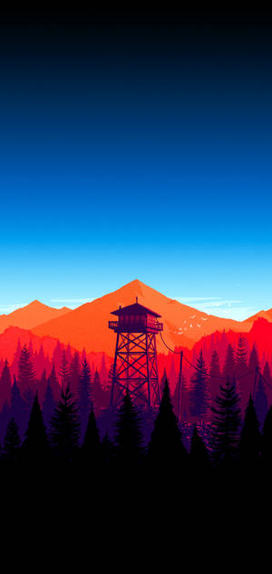 AMOLED-taustakuva vuoristomaisemasta ja kaskadipuista liukuvärjätyssä sinisessä taivaassa.