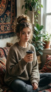 Tyttö ylisuuri neulepusero ja kahvi boheemissa huoneessa. — Indie estetiikka GIF Taustakuvat
