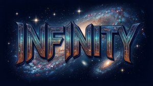 Typografiataidetta, jossa sana INFINITY ja avaruuselementtejä taustakuva