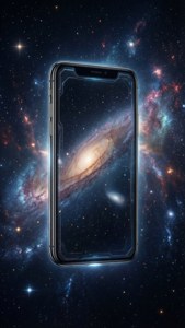 Kosminen taustakuva, jossa iPhone X leijuu tähtien joukossa.