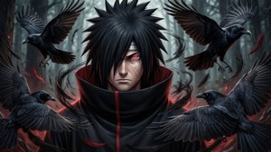 Itachi mustassa anime-tyylissä varisten ja sharinganin kanssa. — Musta anime Taustakuvat