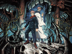 Itadori ja Sukuna Jujutsu Kaisen -anime-taustakuvassa