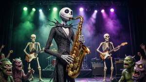 Jack Skellington soittaa saksofonisoolon hirviöyleisölle. — Painajainen ennen joulua GIF Taustakuvat