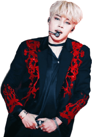 Jimin esiintymässä punaisella kirjailulla koristellussa takissa