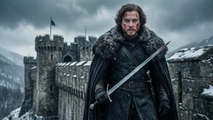 Jon Snow seisoo uhmakkaana Winterfellin muureilla taistelun jälkeen — Game of thrones kausi 8 Taustakuvat