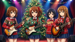 K-On!-tytöt esittämässä joulukonserttia lavalla