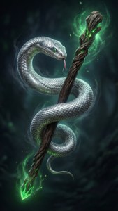 Käärme kiertyneenä hehkuvan sauvan ympärille. — Slytherin estetiikka Taustakuvat