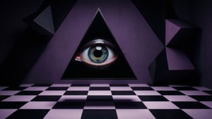 Tumma abstrakti teos, jossa on silmä kolmiossa ja geometrisia elementtejä. — Trippy tumma estetiikka Taustakuvat