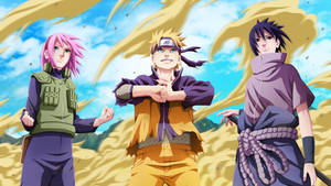 Naruto, Sakura ja Sasuke taistelutaustakuvassa.