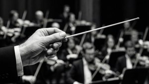 Dramaattinen mustavalkoinen lähikuva kapellimestarin tahtipuikosta orkesterin kanssa. — Musiikkia estetiikka Taustakuvat