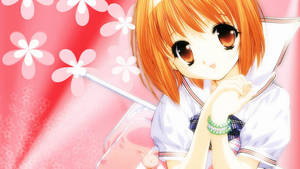 Kawaii-animekoulutyttö vaaleanpunaisten kukkien kanssa — Kawaii Anime Taustakuvat