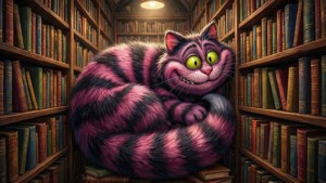 Cheshire-kissa hiipii taianomaisessa kirjastossa. — Cheshire Cat Taustakuvat