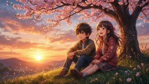 Kaksi anime-lasta nauttii rauhallisesta auringonlaskusta kirsikankukkien alla.