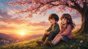 Kaksi anime-lasta nauttii rauhallisesta auringonlaskusta kirsikankukkien alla.