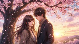 Anime pari kirsikkapuun alla auringonlaskussa — Anime pari GIF Taustakuvat