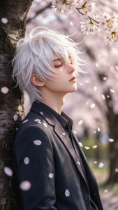 Surullinen animepoika nojaa kirsikankukkien peittämään puuhun, terälehtien leijuessa hänen ympärillään.