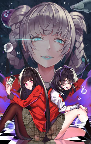 Kakegurui-taustakuva, jossa Yumeko pitää korttia istuen lattialla selät vastakkain silmälappua käyttävän Midarin kanssa — Galaxy Tab S10 Lite Taustakuvat