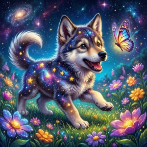 Leikkisä galaksisudenpentu jahtaa hehkuvaa perhosta kosmisella kentällä.