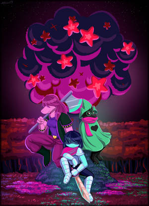 Deltarune-hahmot pilven alla punaisilla tähdillä taustakuva — Oppo Pad 5 Taustakuvat