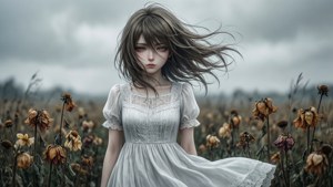 Anime-tyttö kuihtuneella pellolla, surullinen ja tuulen puhaltama. — Surullinen anime GIF Taustakuvat