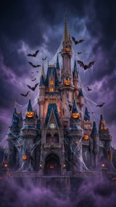 Disneyn Tuhkimon linna uudelleen kuviteltuna kummittelevana Halloween-linna.