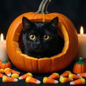 Suloinen musta kissa kurkistamassa kurpitsalyhdystä maissinamisten kera. — Söpö Halloween Taustakuvat