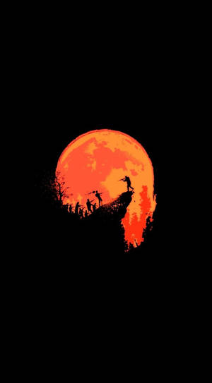 AMOLED-taustakuva kallionjyrkänteestä ja aseistettujen miesten silueteista oranssia kuuta vasten.