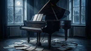 Flyygeli hämärässä huoneessa kuutamon ja hajallaan olevien nuottien kanssa. — Musiikkia estetiikka Taustakuvat
