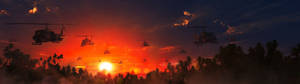 Helikopterit lentämässä punaisen auringonlaskun aikana. — 5120x1440 Taustakuvat
