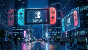Kyberpunkkikaupungin taustakuva, jossa holografisia Nintendo Switch -mainoksia