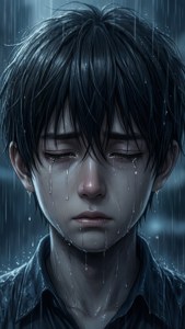 Lähikuva itkevästä animepojasta sateessa. — Surullinen anime GIF Taustakuvat
