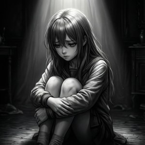 Surullinen anime-tyttö kyyristyneenä pimeässä huoneessa dramaattisessa valaistuksessa. — Surullinen anime GIF Taustakuvat